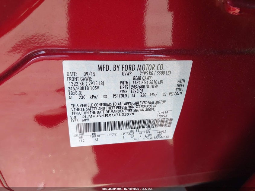2016 Lincoln Mkx VIN 2LMPJ6KRXGBL33678 IAAI salvage auction — FRONT END, Salvage Certificate (California), sold $1,500 on 2026-07-29 (photo 9)