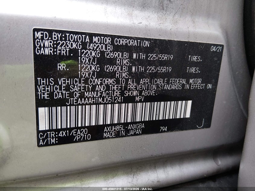 2021 Toyota Venza VIN JTEAAAAH1MJ051241 IAAI salvage auction — FRONT END, Clear (South Carolina), sold $8,900 on 2026-08-01 (photo 9)