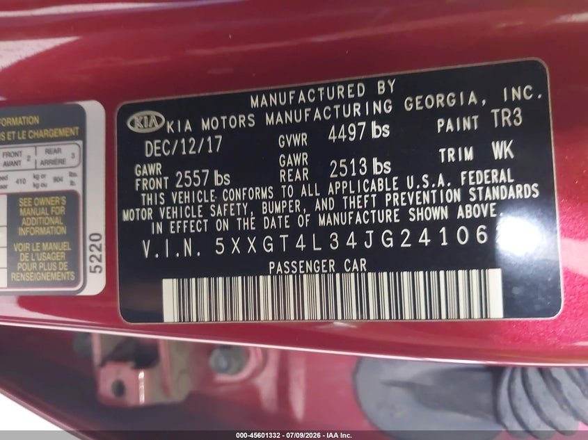 2018 Kia Optima VIN 5XXGT4L34JG241062 IAAI salvage auction — NORMAL WEAR, Clear (New York), sold $800 on 2026-07-29 (photo 9)