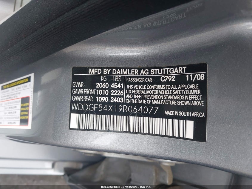 2009 Mercedes-benz C class VIN WDDGF54X19R064077 IAAI salvage auction — RIGHT FRONT, Salvage Certificate (California), sold $350 on 2026-08-07 (photo 9)