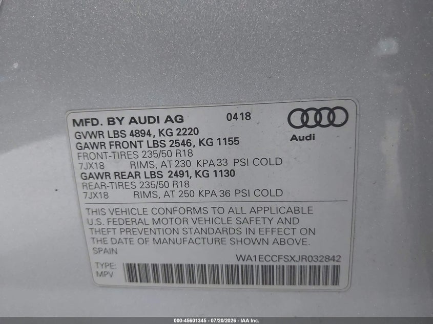 2018 Audi Q3 VIN WA1ECCFSXJR032842 IAAI salvage auction — RIGHT FRONT, Mv-907A (New York), sold $5,700 on 2026-07-29 (photo 9)