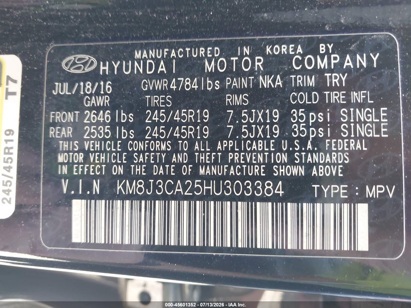 2017 Hyundai Tucson VIN KM8J3CA25HU303384 IAAI salvage auction — NORMAL WEAR, Clear (Massachusetts), sold $2,800 on 2026-07-31 (photo 9)