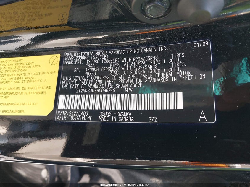 2009 Lexus Rx VIN 2T2HK31U79C096949 IAAI salvage auction — FRONT END, Salvage Certificate (California), sold $2,400 on 2026-07-31 (photo 9)