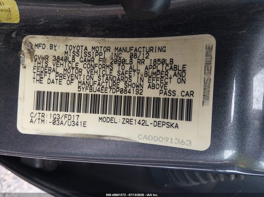 2013 Toyota Corolla VIN 5YFBU4EE7DP084192 IAAI salvage auction — RIGHT FRONT, Salvage Title, sold $900 on 2026-08-02 (photo 9)