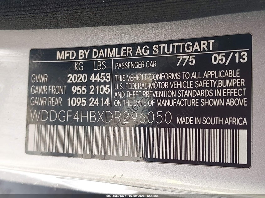 2013 Mercedes-benz C class VIN WDDGF4HBXDR296050 IAAI salvage auction — TRANSMISSION, Clear (Florida), sold $500 on 2026-07-30 (photo 9)