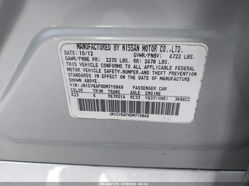 2013 Infiniti VIN JN1CV6APXDM715849 IAAI salvage auction — NORMAL WEAR, Salvage Title, sold $325 on 2026-07-29 (photo 9)