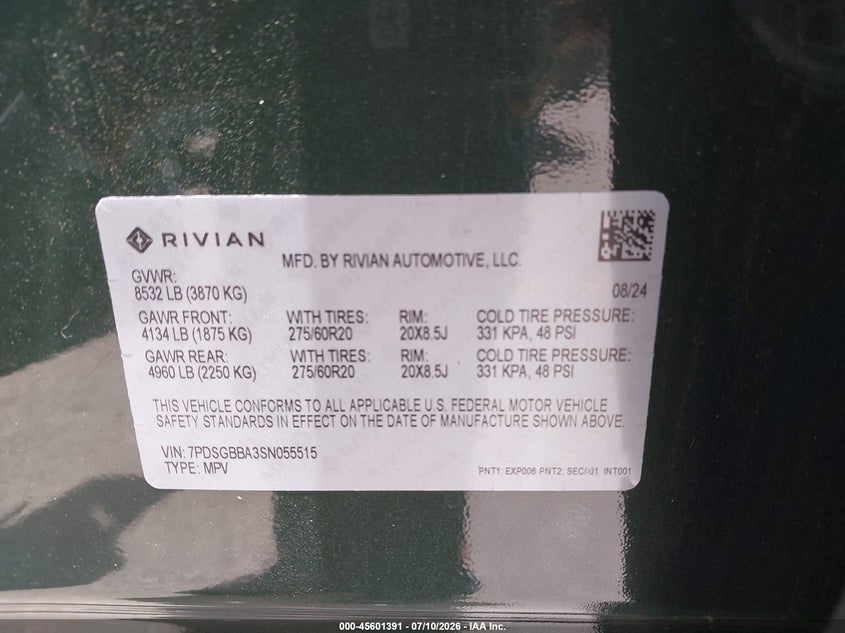 2025 Rivian R1s VIN 7PDSGBBA3SN055515 IAAI salvage auction — REAR END, Wait Title, sold $23,300 on 2026-09-24 (photo 9)
