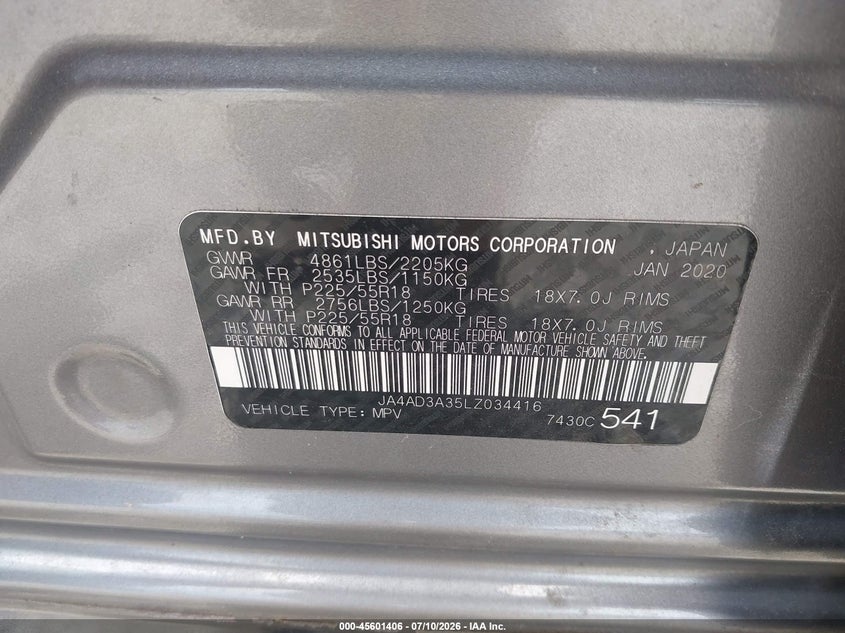 2020 Mitsubishi Outlander VIN JA4AD3A35LZ034416 IAAI salvage auction — LEFT FRONT, Salvage (Georgia), sold $2,400 on 2026-08-25 (photo 9)