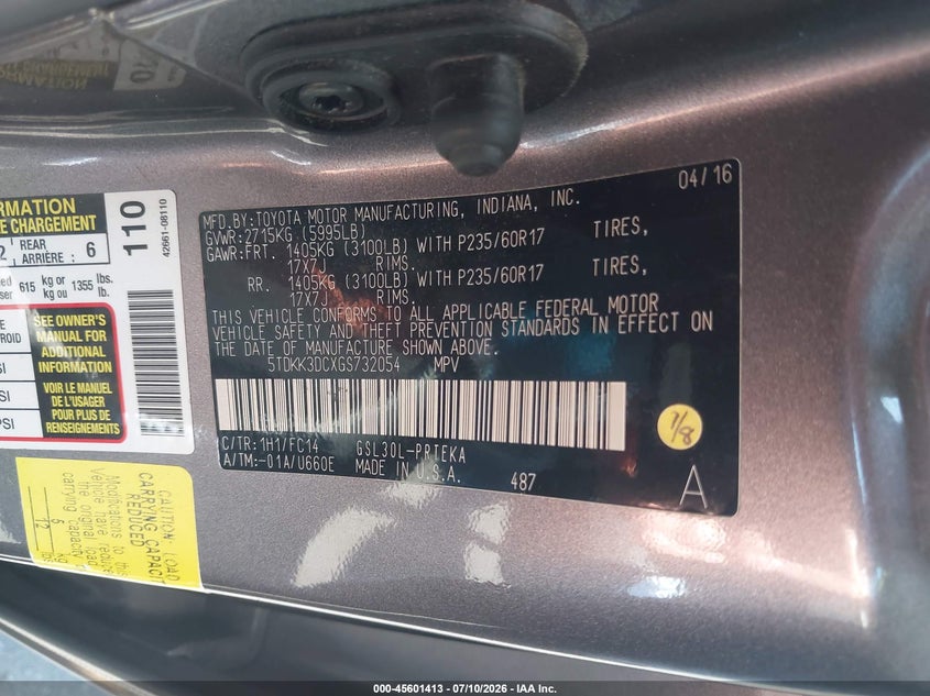 2016 Toyota Sienna VIN 5TDKK3DCXGS732054 IAAI salvage auction — FRONT END, Wait Title, sold $7,150 on 2026-08-21 (photo 9)