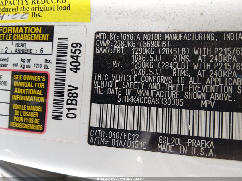 2010 Toyota Sienna VIN 5TDKK4CC6AS330305 IAAI salvage auction — NORMAL WEAR, Original (Texas), sold $1,425 on 2026-07-29 (photo 9)
