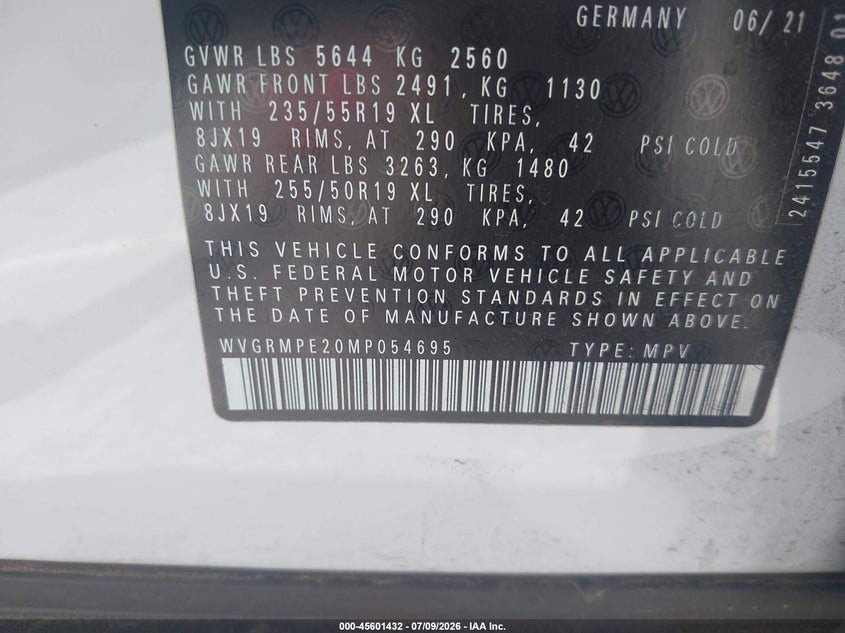 2021 Volkswagen Id.4 VIN WVGRMPE20MP054695 IAAI salvage auction — LEFT FRONT, Salvage (California), sold $6,200 on 2026-08-05 (photo 9)