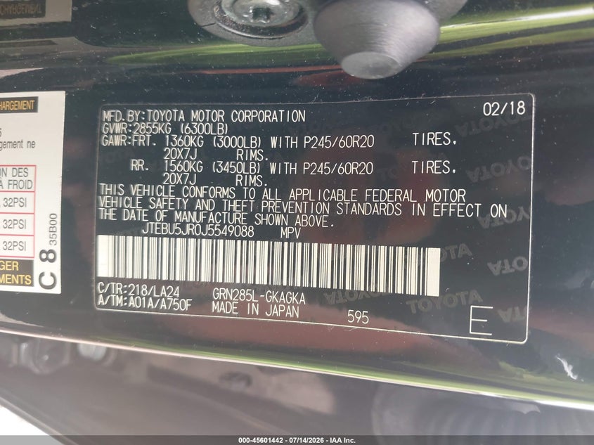 2018 Toyota 4runner VIN JTEBU5JR0J5549088 IAAI salvage auction — RIGHT FRONT, Salvage Title, sold $12,500 on 2026-07-28 (photo 9)
