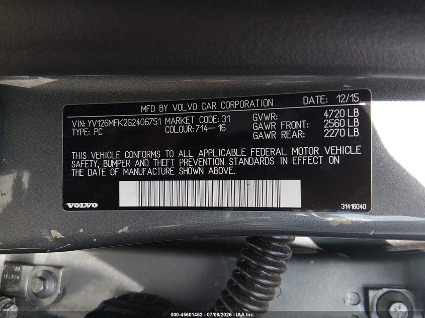 2016 Volvo S60 VIN YV126MFK2G2406751 IAAI salvage auction — LEFT FRONT, Salvage Title, sold $675 on 2026-07-30 (photo 9)