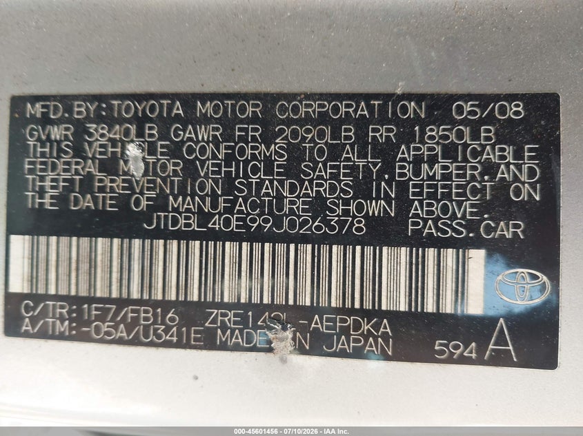 2009 Toyota Corolla VIN JTDBL40E99J026378 IAAI salvage auction — NORMAL WEAR, Original (Texas), sold $2,375 on 2026-07-29 (photo 9)