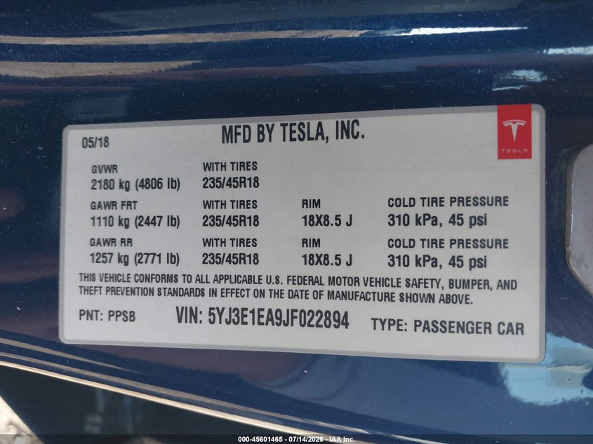 2018 Tesla Model 3 VIN 5YJ3E1EA9JF022894 IAAI salvage auction — UNDERCARRIAGE, Salvage (California), sold $5,000 on 2026-08-21 (photo 9)