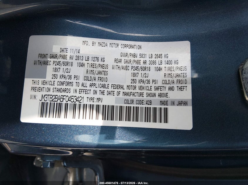 2015 Mazda Cx-9 VIN JM3TB2BA6F0453421 IAAI salvage auction — NORMAL WEAR, Clear (Georgia), sold $4,325 on 2026-07-16 (photo 9)