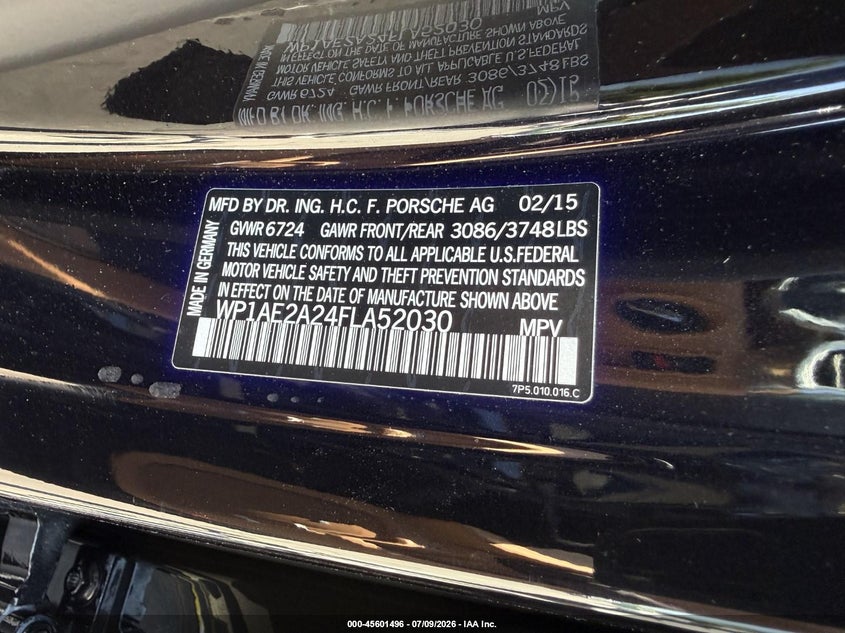 2015 Porsche VIN WP1AE2A24FLA52030 IAAI salvage auction — NORMAL WEAR, Salvage Title, sold $9,825 on 2026-07-22 (photo 9)
