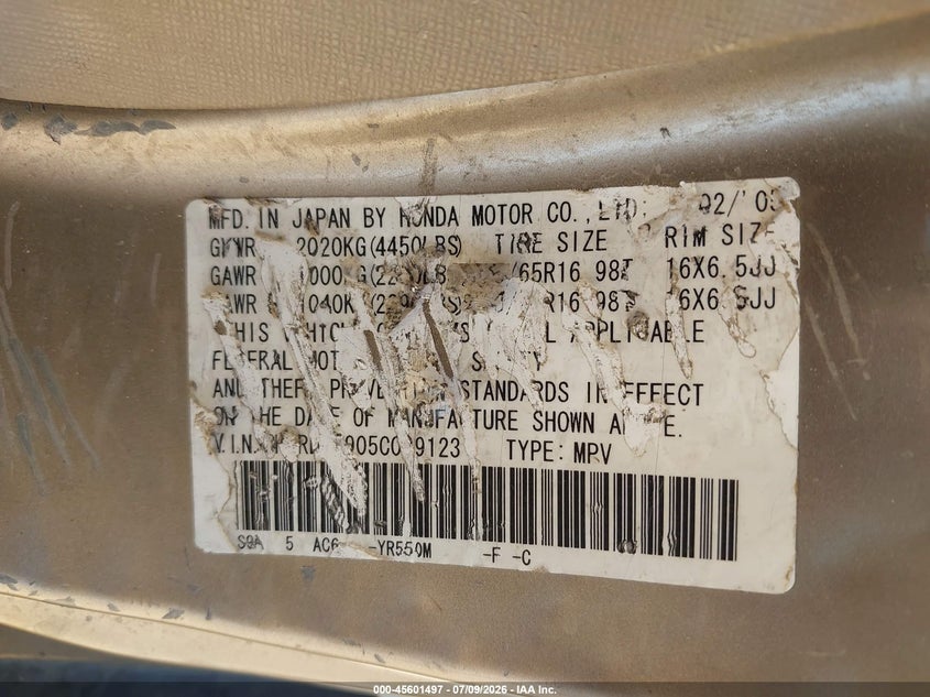 2005 Honda Cr-v VIN JHLRD78905C039123 IAAI salvage auction — NORMAL WEAR, Clear-Dealer Only (Arizona), sold $1,350 on 2026-07-30 (photo 9)