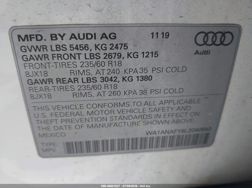 2020 Audi Q5 VIN WA1ANAFY8L2040693 IAAI salvage auction — LEFT FRONT, Salvage Title, sold $900 on 2026-07-29 (photo 9)