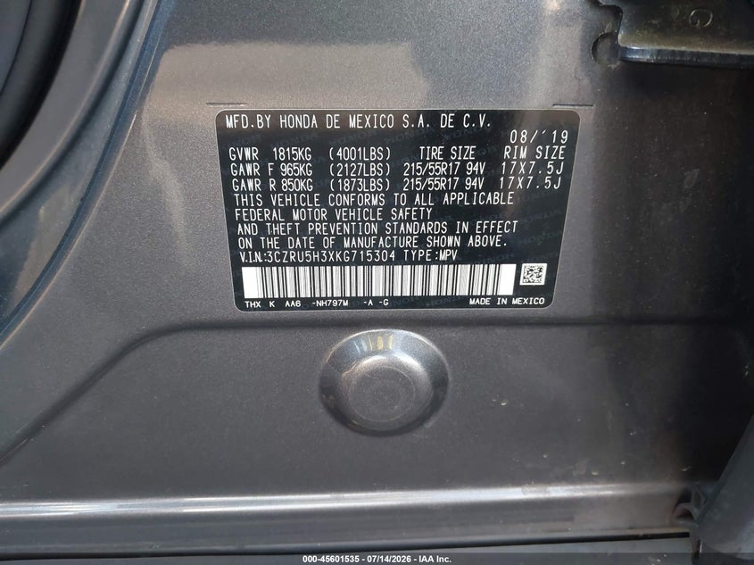 2019 Honda Hr-v VIN 3CZRU5H3XKG715304 IAAI salvage auction — REAR END, Salvage Certificate (California), sold $3,650 on 2026-07-19 (photo 9)