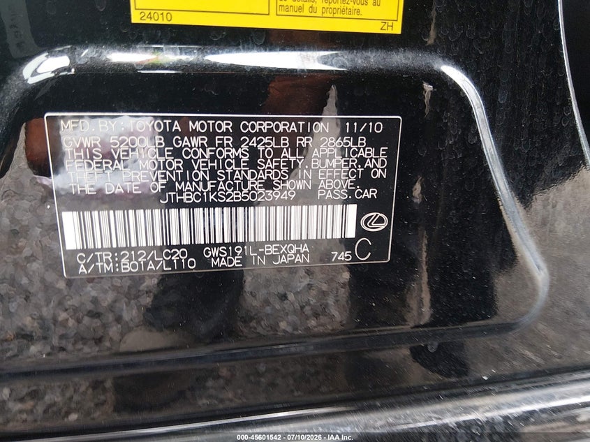 2011 Lexus Gs 450h VIN JTHBC1KS2B5023949 IAAI salvage auction — FRONT END, Salvage (Louisiana), sold $125 on 2026-07-29 (photo 9)