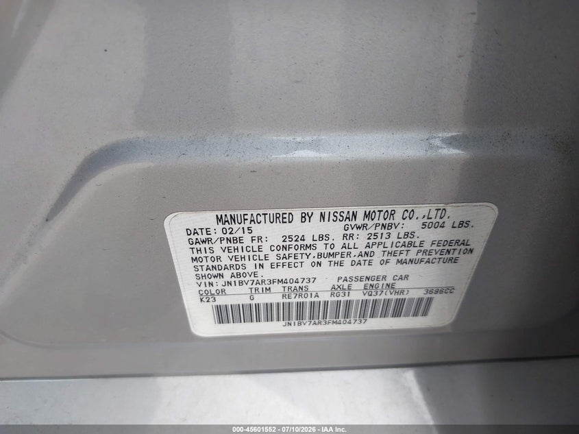 2015 Infiniti Q50 VIN JN1BV7AR3FM404737 IAAI salvage auction — UNKNOWN, Salvage Title, sold $1,800 on 2026-07-24 (photo 9)