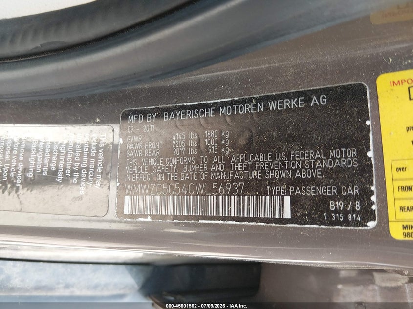 2012 Mini VIN WMWZC5C54CWL56937 IAAI salvage auction — NORMAL WEAR, Clear (Massachusetts), sold $525 on 2026-07-28 (photo 9)