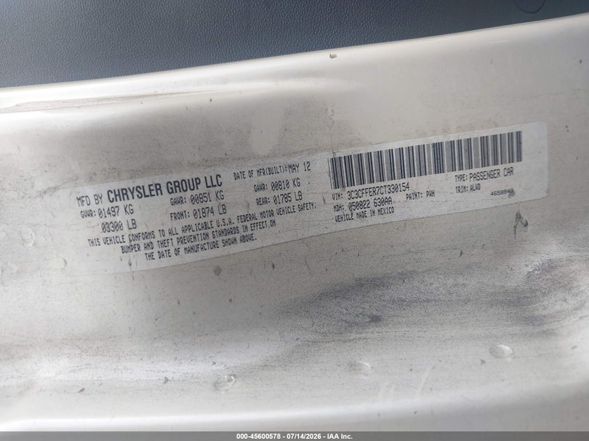 2012 Fiat 500 VIN 3C3CFFER7CT330154 IAAI salvage auction — FRONT END, Salvage (Georgia), sold $250 on 2026-08-14 (photo 9)