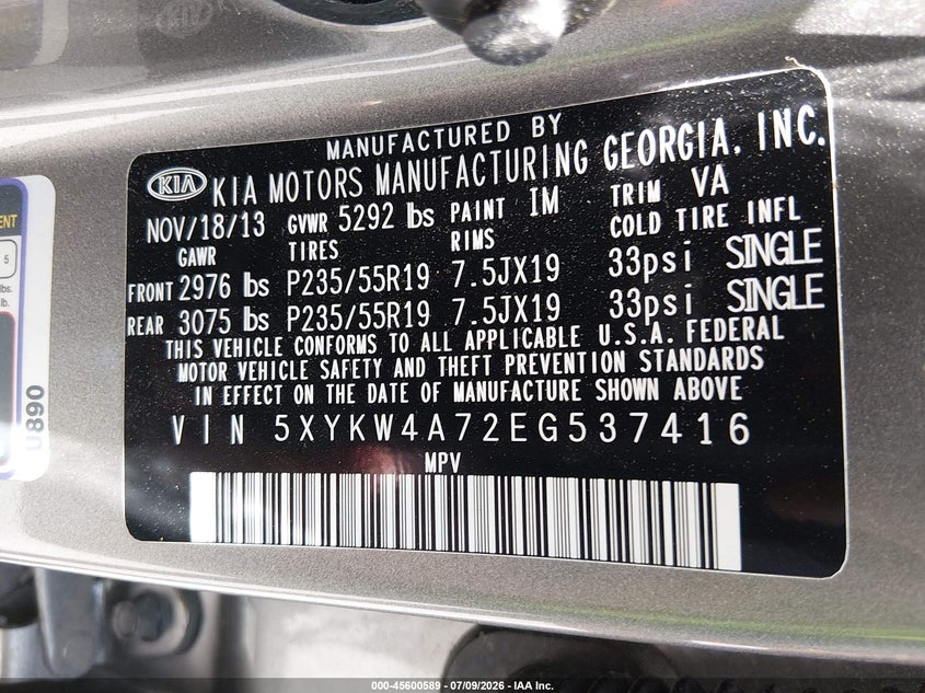 2014 Kia Sorento VIN 5XYKW4A72EG537416 IAAI salvage auction — RIGHT SIDE, Salvage Title, sold $2,500 on 2026-07-29 (photo 9)