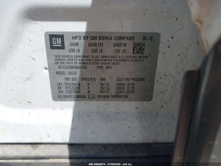 2016 Buick Encore VIN KL4CJASB8GB697148 IAAI salvage auction — LEFT SIDE, Clear (Minnesota), sold $675 on 2026-07-27 (photo 9)