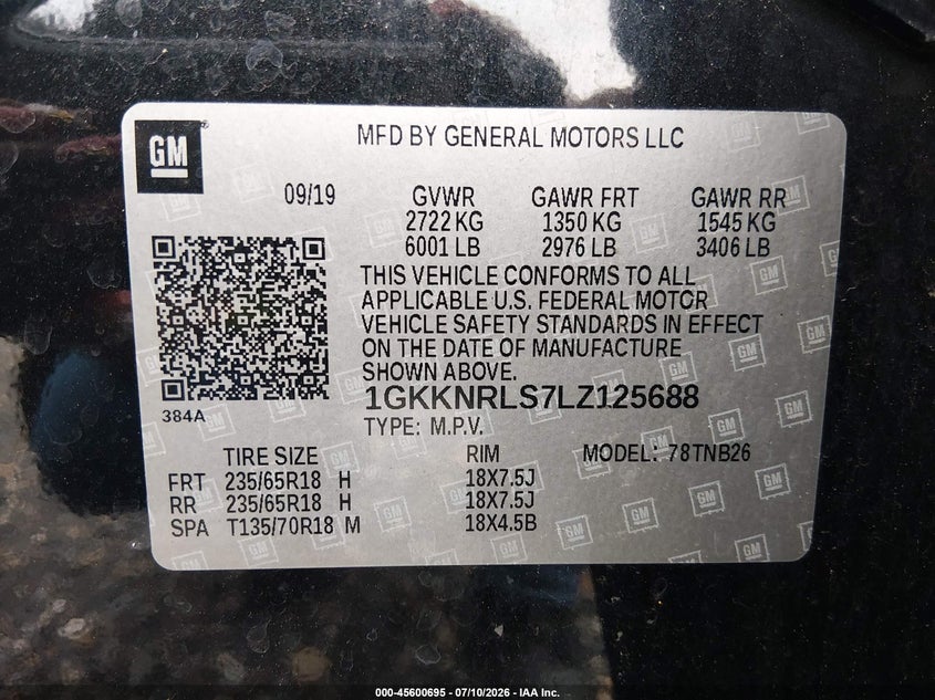 2020 Gmc Acadia VIN 1GKKNRLS7LZ125688 IAAI salvage auction — NORMAL WEAR, Sf97 (Maryland), sold $13,800 on 2026-08-18 (photo 9)