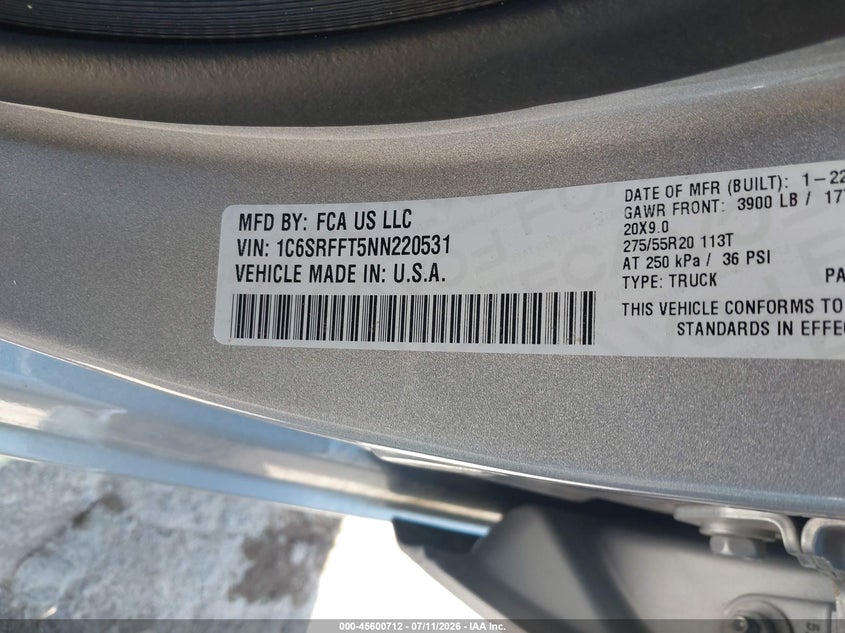 2022 Ram 1500 VIN 1C6SRFFT5NN220531 IAAI salvage auction — REAR END, Clear (Oklahoma), sold $13,350 on 2026-09-16 (photo 9)