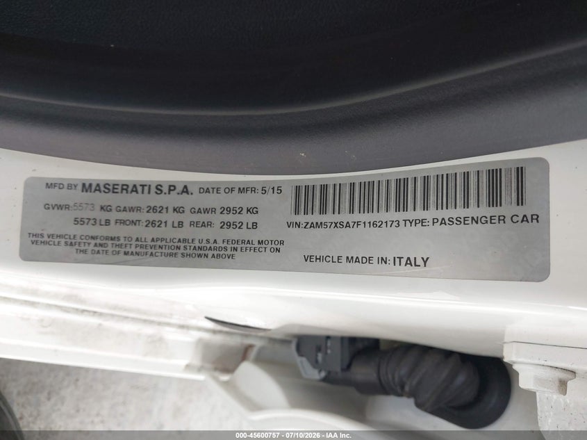 2015 Maserati Ghibli VIN ZAM57XSA7F1162173 IAAI salvage auction — FRONT END, Certificate Of Destruction (Florida), sold $625 on 2026-07-29 (photo 9)