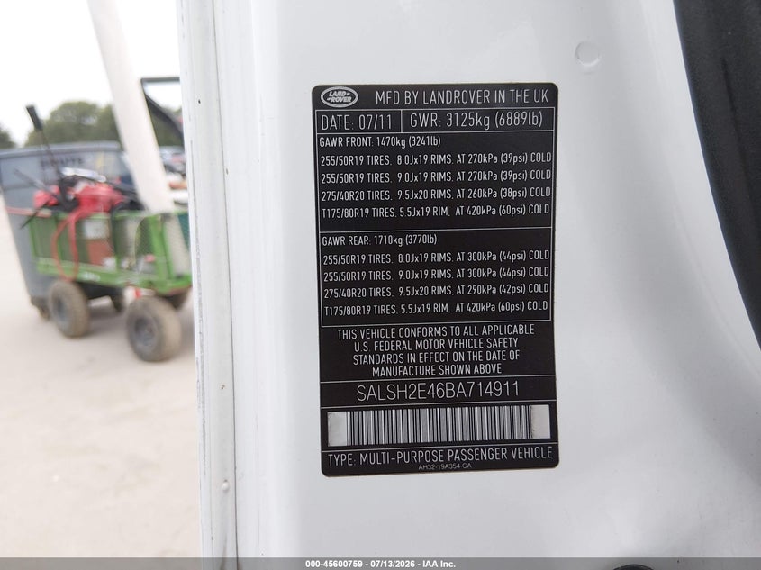 2011 Land rover Range rover sport VIN SALSH2E46BA714911 IAAI salvage auction — NORMAL WEAR, Original (Texas), sold $675 on 2026-07-28 (photo 9)