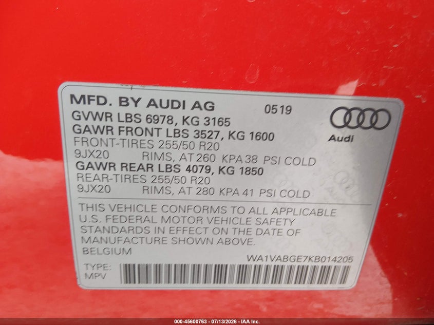 2019 Audi E-tron VIN WA1VABGE7KB014205 IAAI salvage auction — REAR END, Original (Texas), sold $10,800 on 2026-08-20 (photo 9)