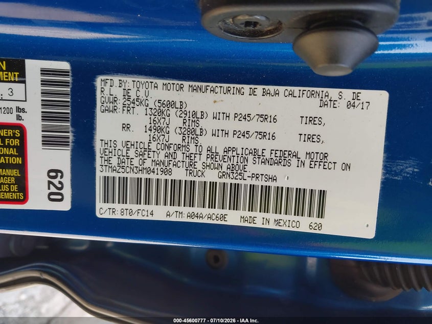 2017 Toyota Tacoma VIN 3TMAZ5CN3HM041908 IAAI salvage auction — FRONT END, Rebuildable (Florida), sold $6,400 on 2026-07-23 (photo 9)