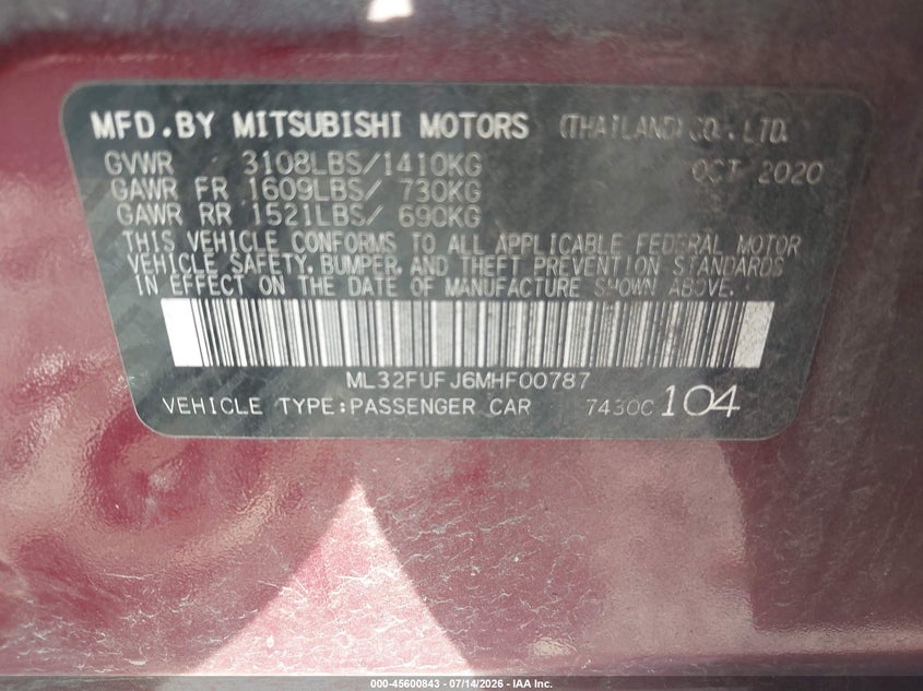 2021 Mitsubishi Mirage VIN ML32FUFJ6MHF00787 IAAI salvage auction — FRONT END, Salvage (Pennsylvania), sold $1,500 on 2026-07-24 (photo 9)