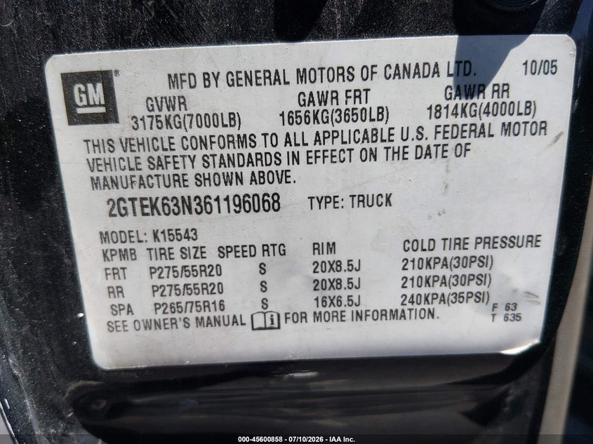 2006 Gmc Sierra 1500 VIN 2GTEK63N361196068 IAAI salvage auction — NORMAL WEAR, Clear (Nevada), sold $1,000 on 2026-07-18 (photo 9)