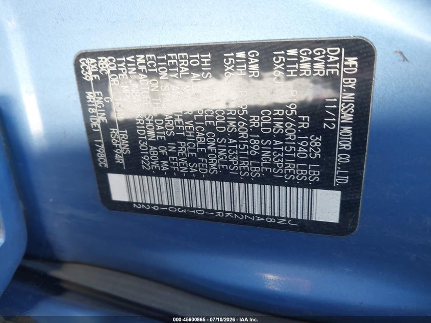 2013 Nissan Cube VIN JN8AZ2KR1DT301922 IAAI salvage auction — FRONT END, Salvage (California), sold $1,000 on 2026-07-29 (photo 9)
