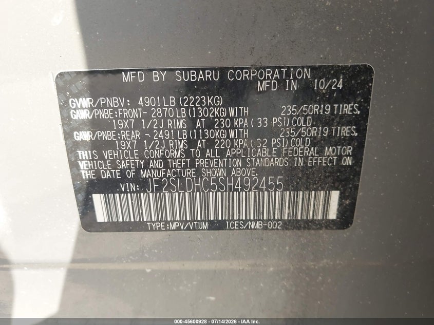 2025 Subaru Forester VIN JF2SLDHC5SH492455 IAAI salvage auction — RIGHT FRONT, Wait Title, sold $7,950 on 2026-08-25 (photo 9)