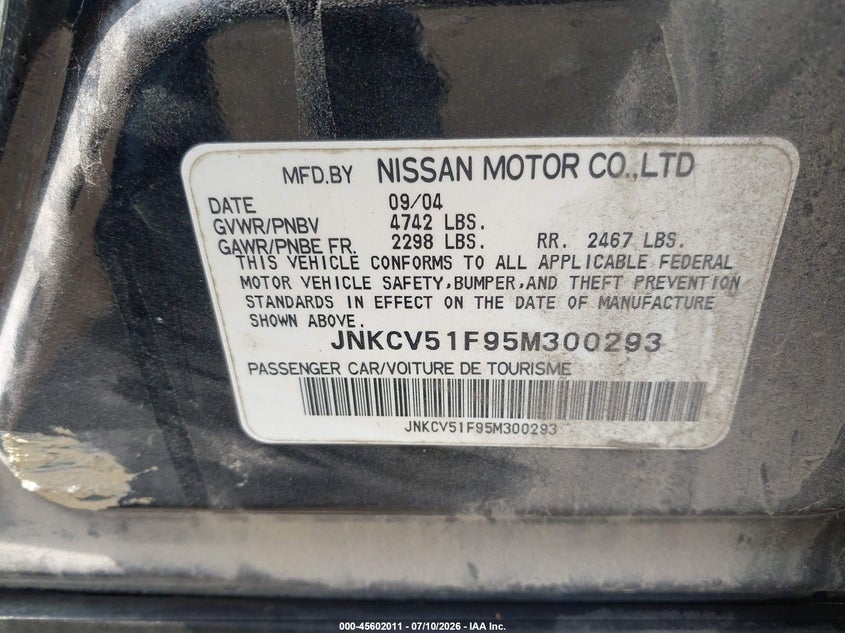 2005 Infiniti G VIN JNKCV51F95M300293 IAAI salvage auction — REAR END, Salvage (Pennsylvania), sold $175 on 2026-07-28 (photo 9)