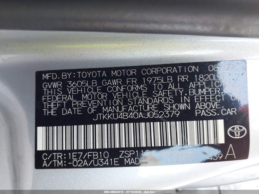 2010 Scion Xd VIN JTKKU4B40AJ052379 IAAI salvage auction — NORMAL WEAR, Clear (Florida), sold $950 on 2026-07-28 (photo 9)