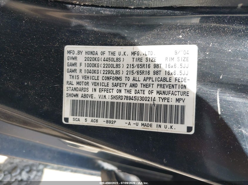 2005 Honda Cr-v VIN SHSRD78945U300214 IAAI salvage auction — NORMAL WEAR, Clear (North Carolina), sold $575 on 2026-07-31 (photo 9)