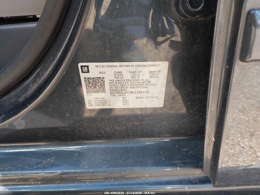 2019 Gmc SIERRA VIN 2GTR1LEC2K1102710 IAAI salvage auction — FRONT END, Salvage Title, sold $7,100 on 2026-08-24 (photo 9)