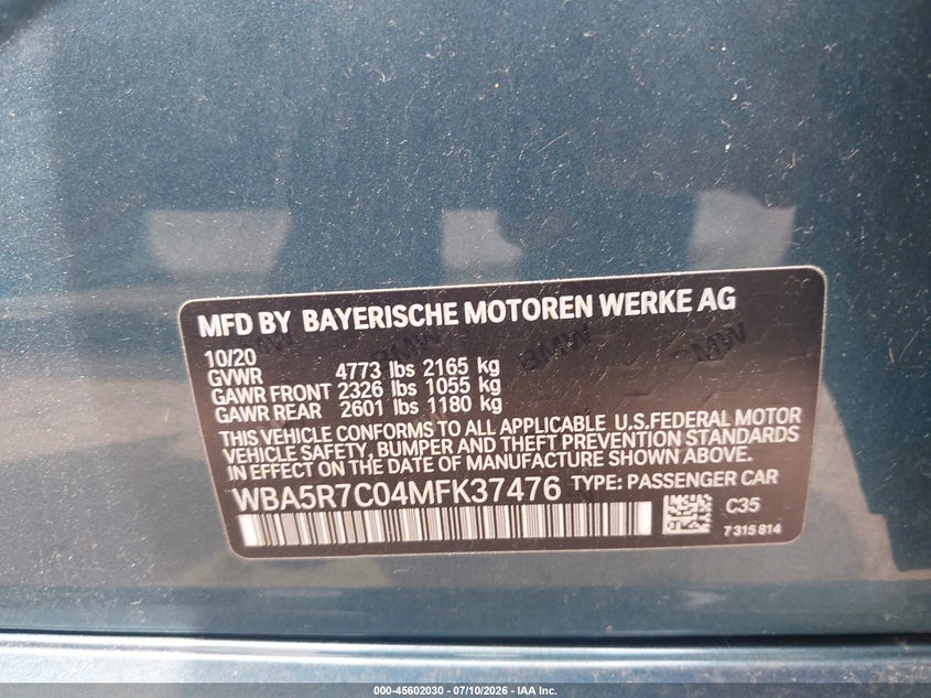 2021 BMW 3er VIN WBA5R7C04MFK37476 IAAI salvage auction — HAIL, Salvage Title, sold $13,750 on 2026-08-18 (photo 9)