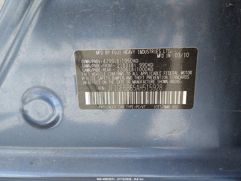 2010 Subaru Impreza VIN JF1GE6B65AH515928 IAAI salvage auction — NORMAL WEAR, Clear - Dealer Only (California), sold $525 on 2026-07-17 (photo 9)
