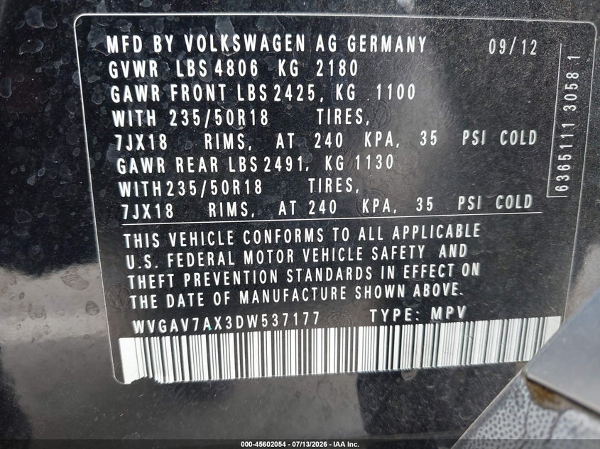 2013 Volkswagen Tiguan VIN WVGAV7AX3DW537177 IAAI salvage auction — FRONT END, Wait Title, sold $1,500 on 2026-08-12 (photo 9)