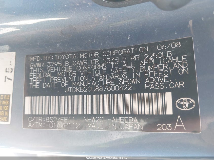 2008 Toyota Prius VIN JTDKB20U887800422 IAAI salvage auction — NORMAL WEAR, Clear (Utah), sold $975 on 2026-07-30 (photo 9)