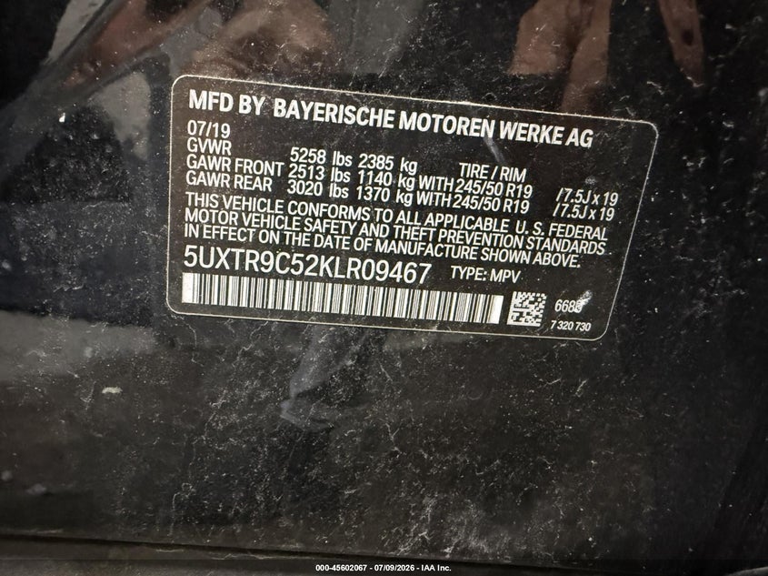 2019 BMW X3 VIN 5UXTR9C52KLR09467 IAAI salvage auction — ALL OVER, Salvage Title, sold $7,400 on 2026-07-29 (photo 9)