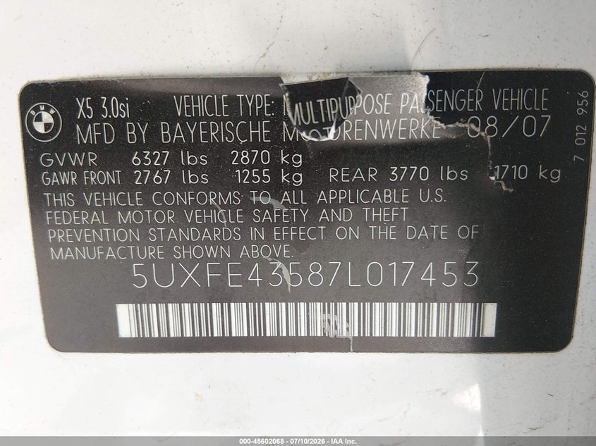 2007 BMW X5 VIN 5UXFE43587L017453 IAAI salvage auction — SIDE, Salvage (Arizona), sold $25 on 2026-07-31 (photo 9)